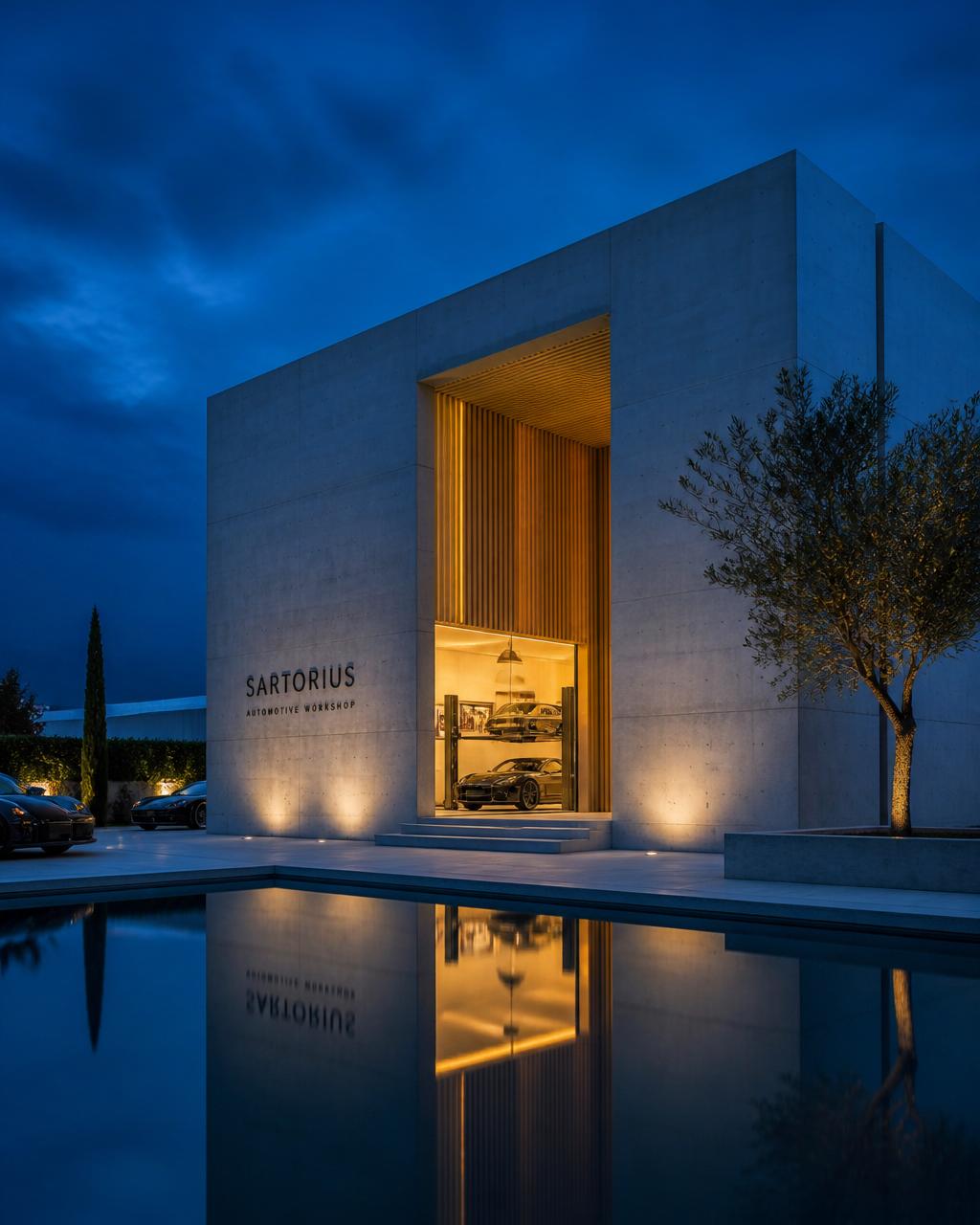 Modern architectural workshop facade at dusk