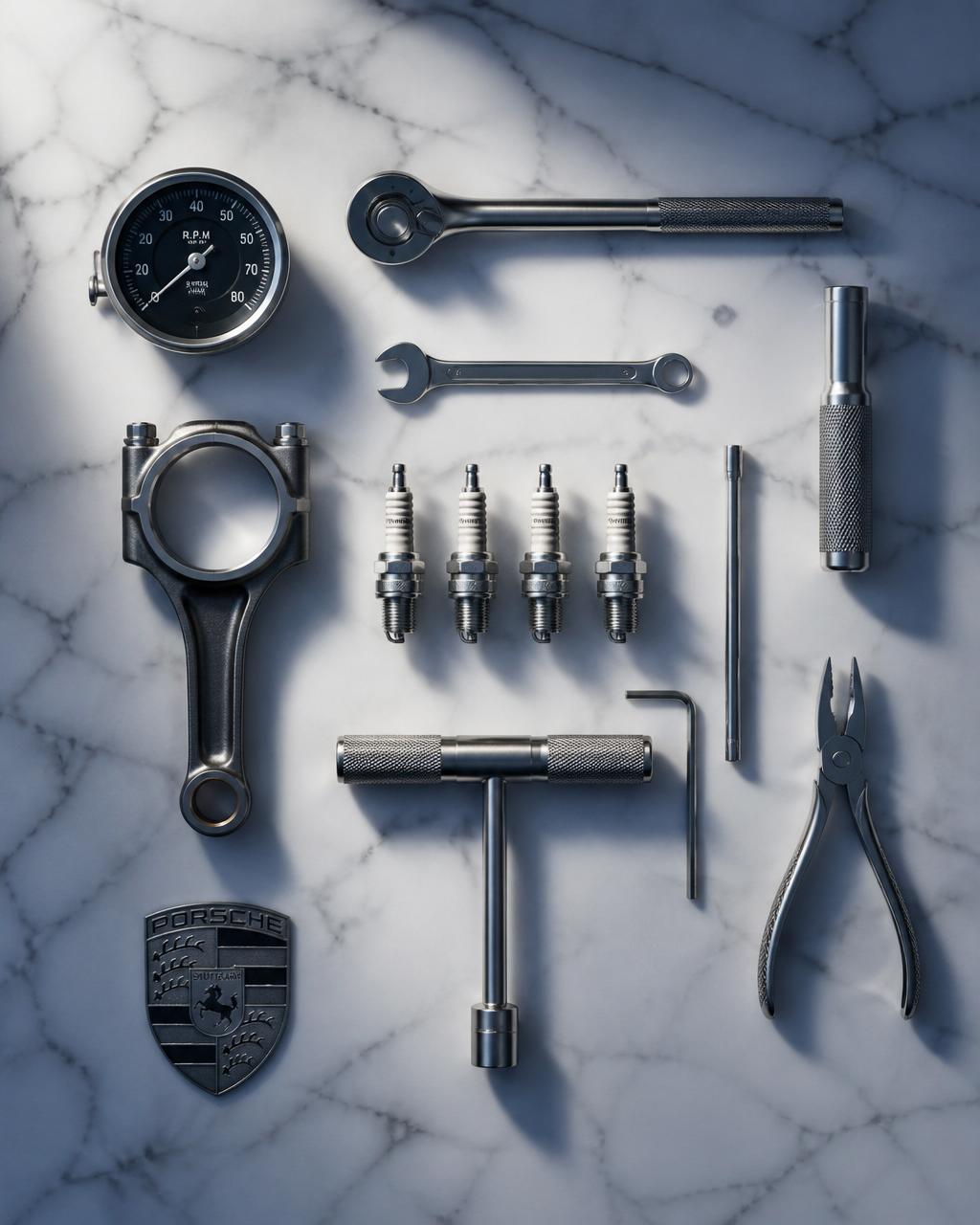 Precision automotive tools arranged on marble
